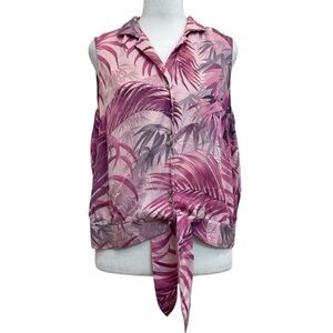 Tommy Bahama 100% Silk Pink Palm Frond Tropical Tie Front Blouse